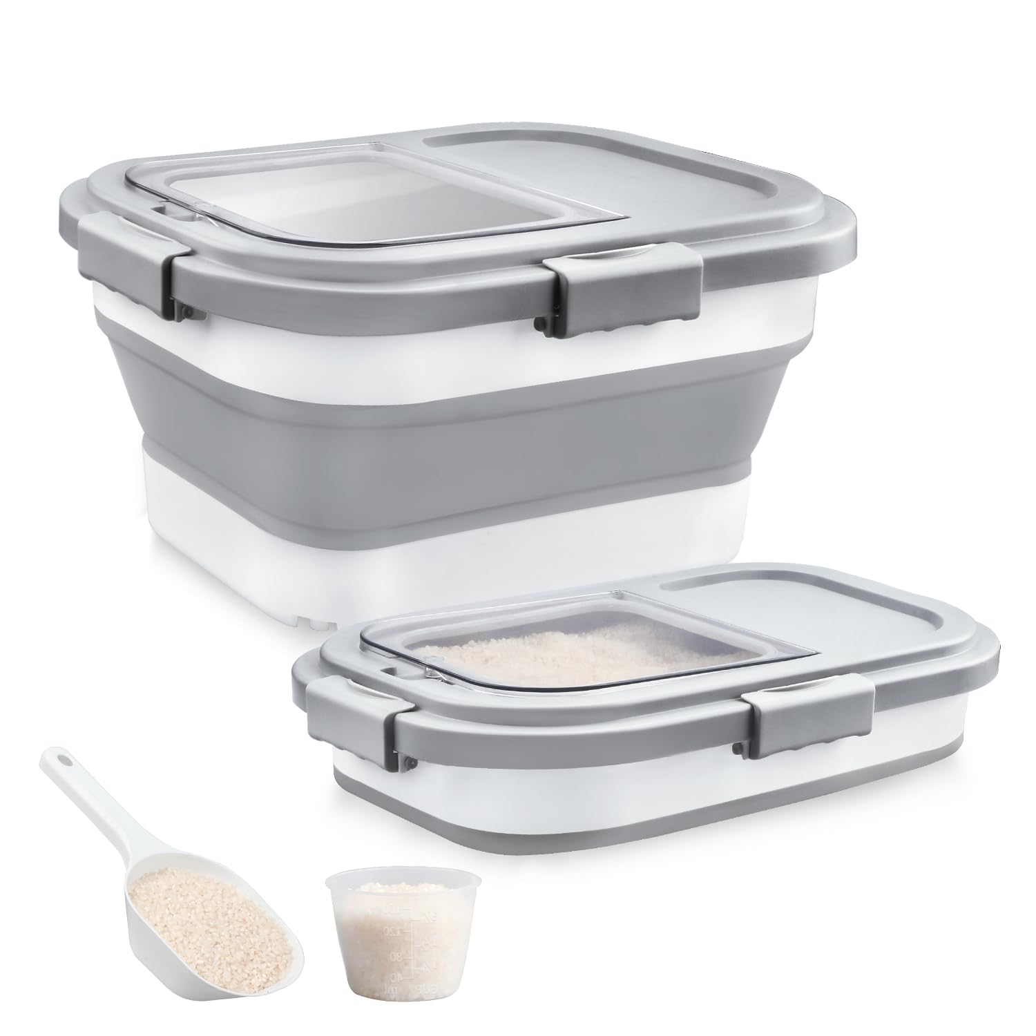 Komzon Rice Storage Container, Collapsible Airtight Food Storage Containers 6-20 Lbs, Rice Dispenser Bin With Cup And Scoop For 