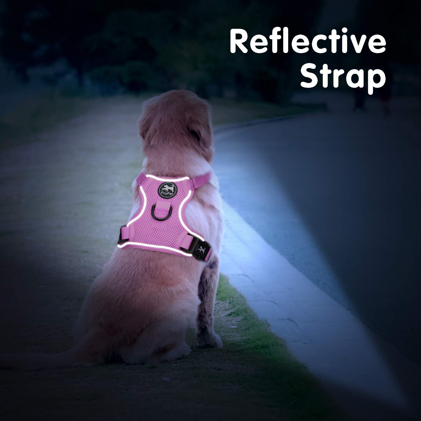 PoyPet Reflective Soft Breathable Mesh Dog Harness No Choke Double Padded Vest Adjustable(Light Pink,M)