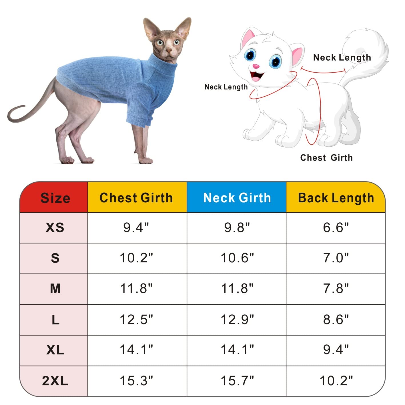 Idepet Sphynx Hairless Cats Sweater Shirt Kitten Soft Puppy Clothes Pullover Cute Cat Pajamas Jumpsuit Skin-Friendly Cotton Apparel Pet Winter Turtleneck For Cats And Small Dogs(X-Large, Blue)