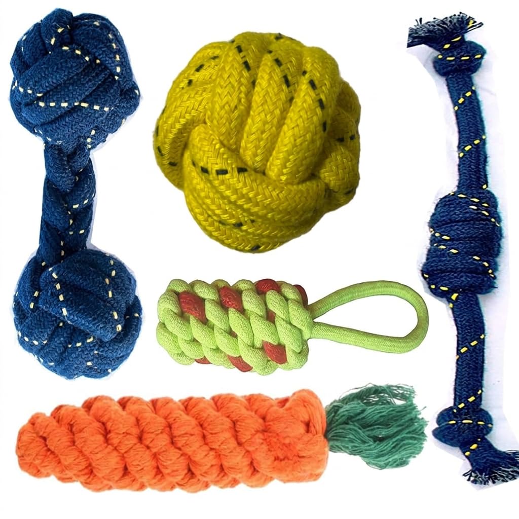 Kittupet 5Pack Durable Dog Rope Toy Set  Natural Cotton Chew Bundle With Rope Ball, Carrot & MultiKnot Tugs  Interactive Pla