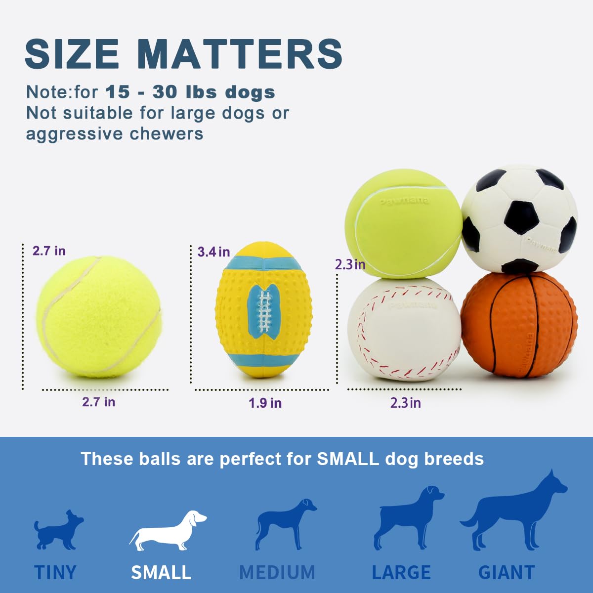Pawdoer Squeaky Dog Ball - Soft Latex Rubber Squeaky Dog Toys For Small Dogs Puppies - Cute Dog Squeak Toys Play Ball - Tennis Ball, Soccer Ball, Football, Basketball And Baseball