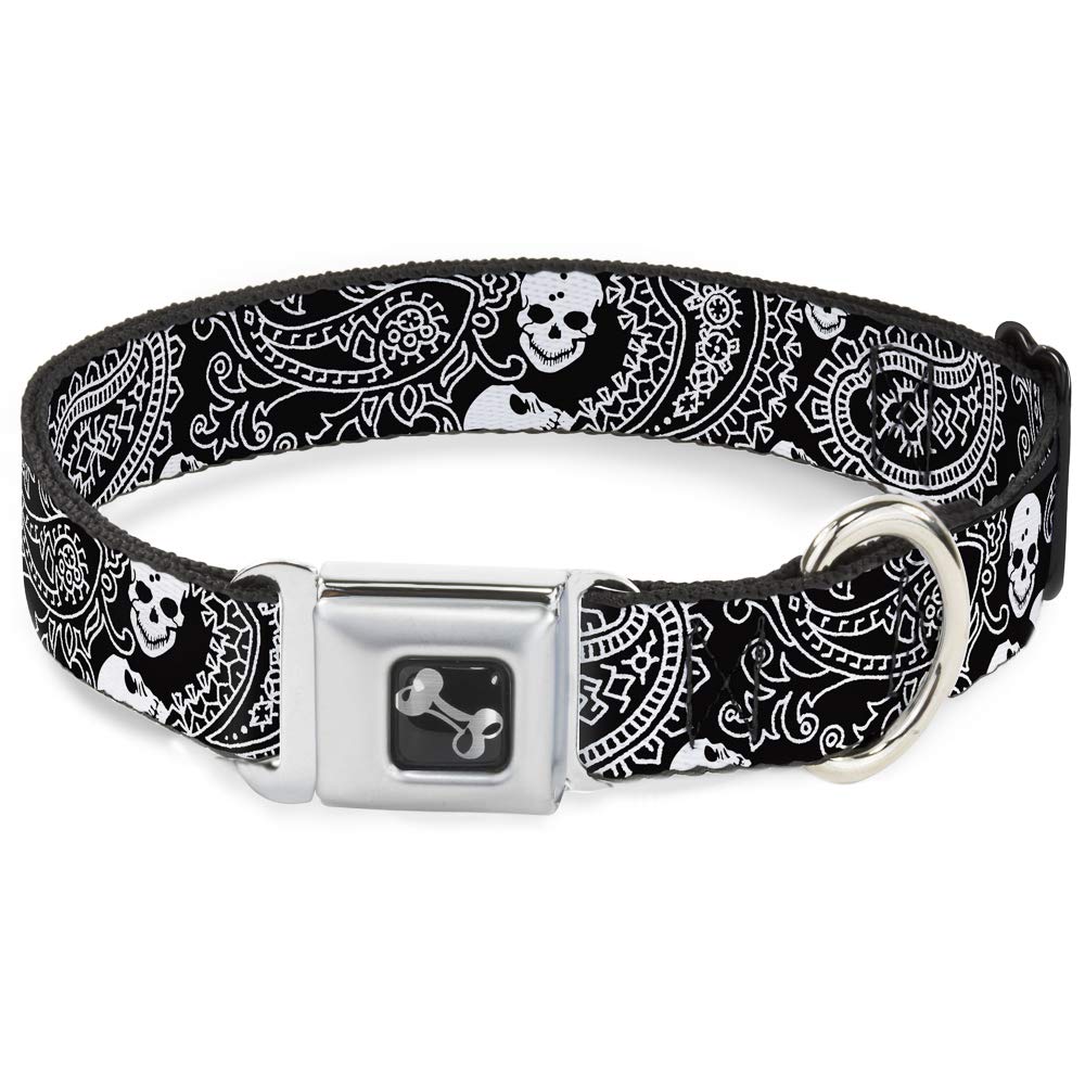 Buckle-Down Seatbelt Buckle Dog Collar - Bandana/Skulls Black/White - 1' Wide - Fits 9-15' Neck - Small