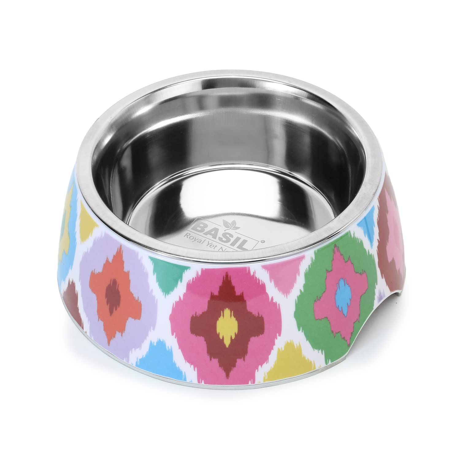 Basil Royal Yet Noble Stainless Steel Food Water Feeding Bowls (Melamine Bowls Printed Multi Color Ikkat & Size: XSmall) For Pe