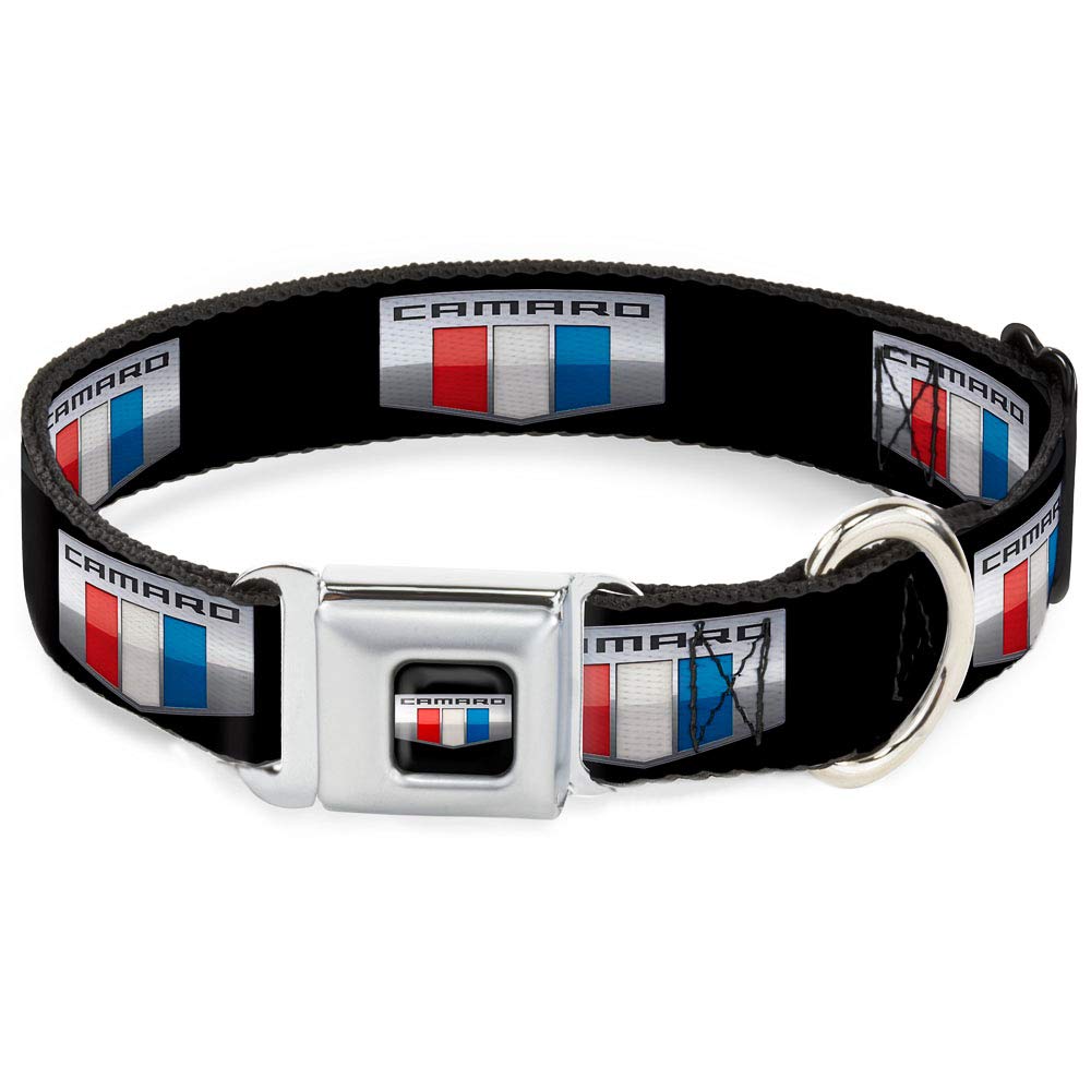 Buckle-Down Seatbelt Buckle Dog Collar - Camaro Six Badge Black/Silver/Red/White/Blue - 1.5'' Wide - Fits 16-23'' Neck - Medium
