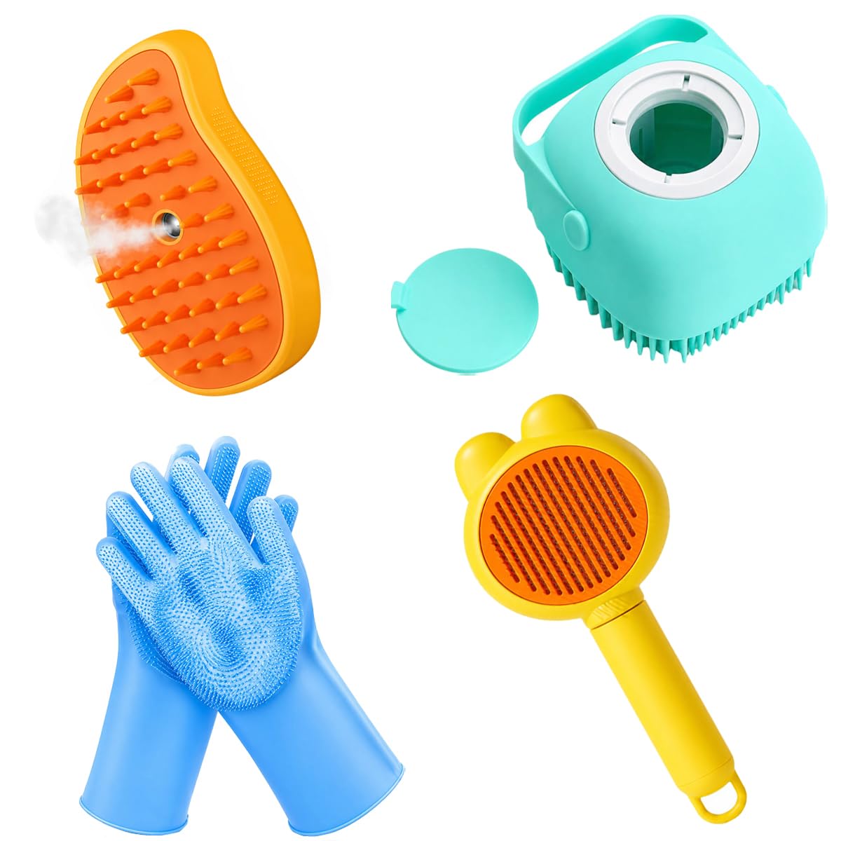 4 Piece Pet Grooming Kit With Steam Brush Bath Brush Silicone Gloves Set