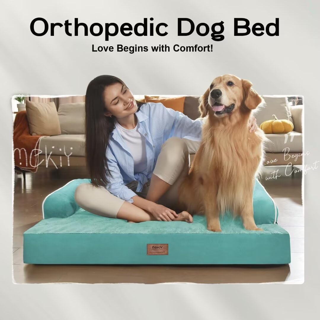 Orthopedic Large Dog Bed Washable, Orthopedic Dog Beds With Removable Cover, Large X Xl Pet Dog With Bolster, Washable Aqua Blue Large Dog Beds With Egg Foam For Medium Large Dogs