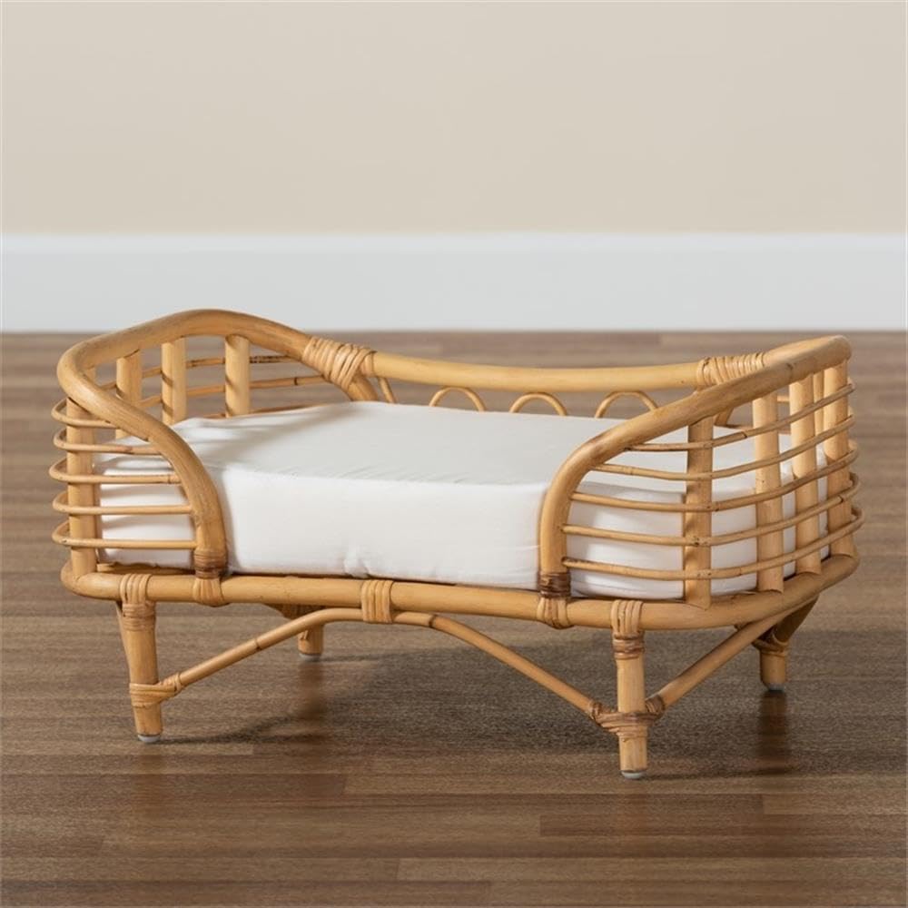 Baxton Studio Malino Modern Bohemian  Natural Brown Rattan Pet Bed with Cushion