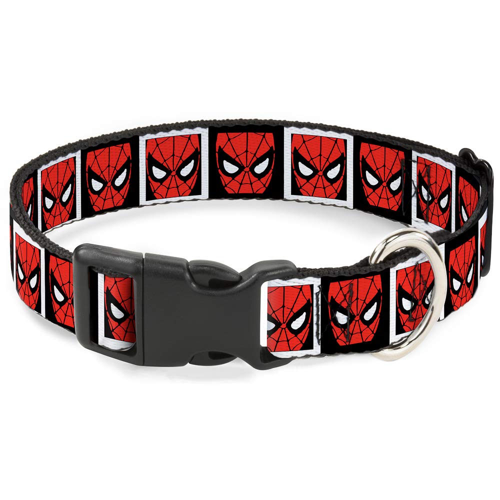Dog Collar Plastic Clip Spider Man Face Black White Blocks 18 To 32 Inches 1.5 Inch Wide