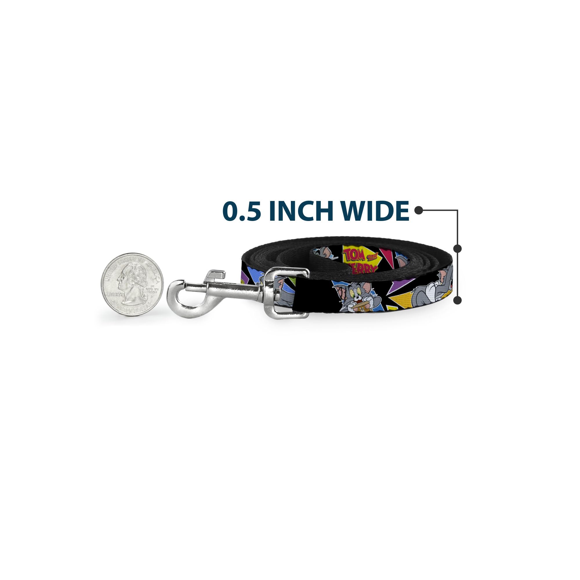 Dog Leash Tom Jerry Poses Black Multi Color 6 Feet Long 1.5 Inch Wide