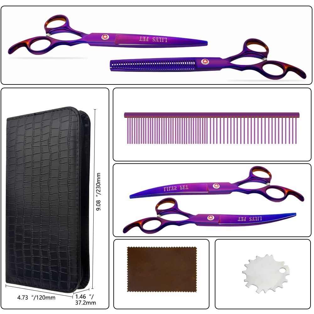 LILYS PET Professional Dog Grooming Scissors Set - Coated Titanium, 7.5 inches, Purple, Model LILYS00781
