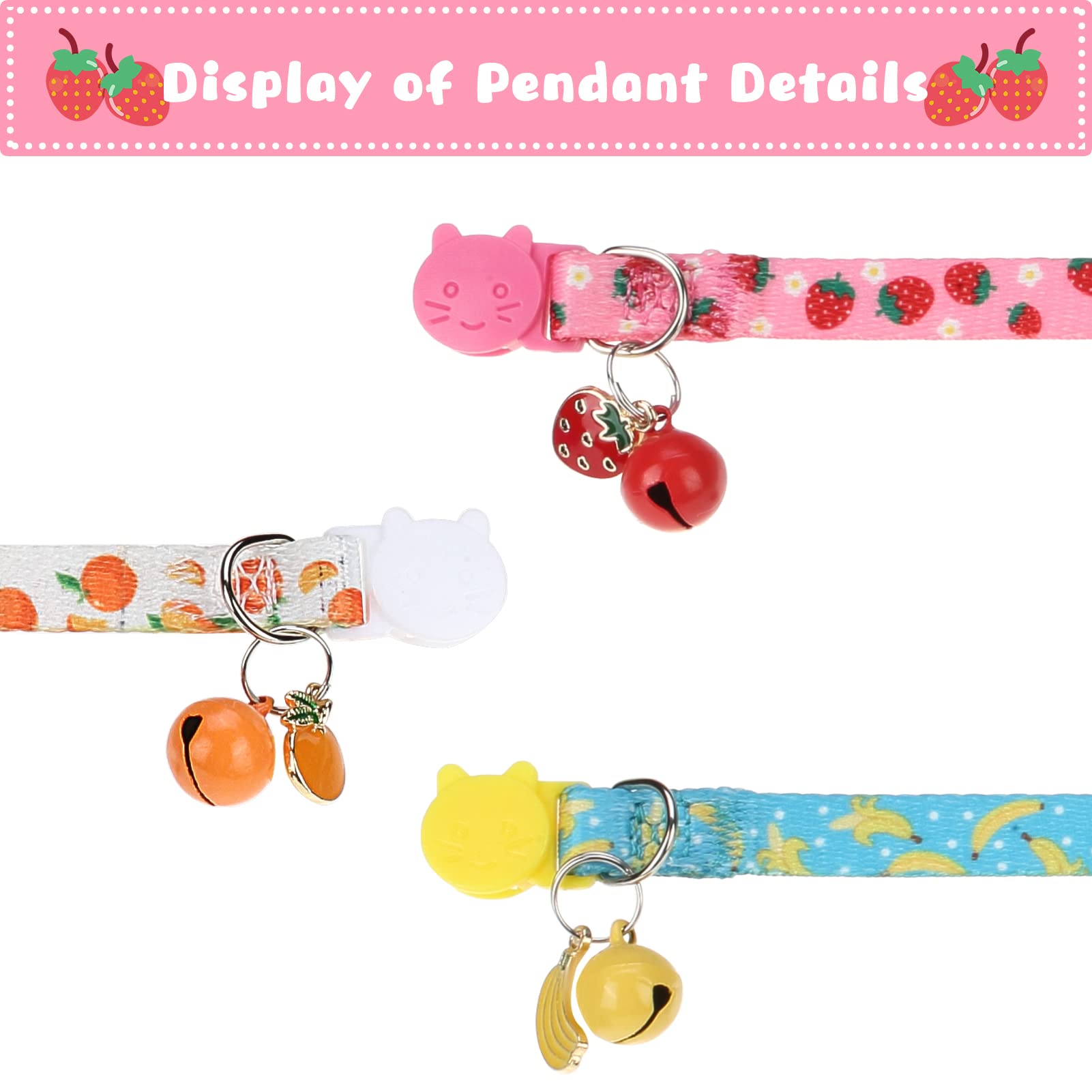 VKPETFR Breakaway Cat Collars - Adjustable 3 Pack with Bell & Cute Pendants, Polyester, Fruit Color, Ideal for Small Pets