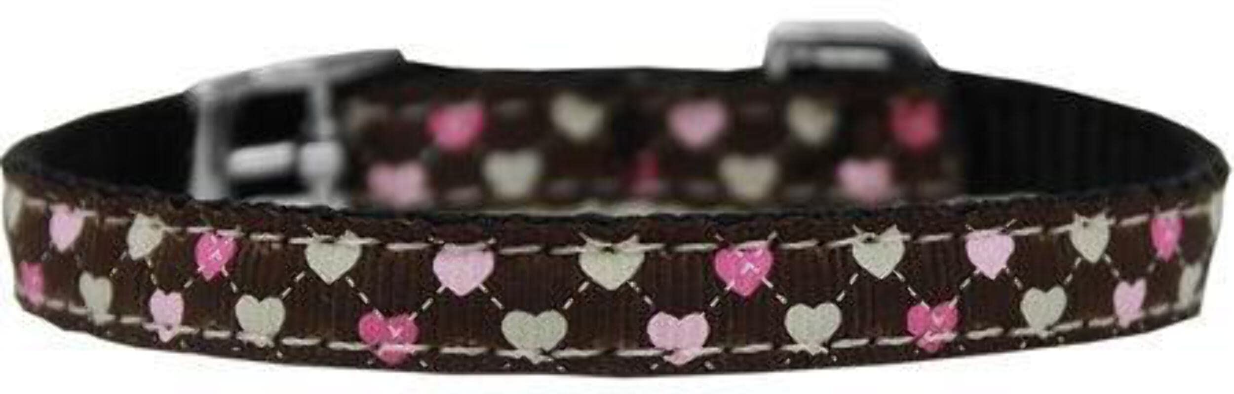 Mirage Pet Products Argyle Hearts Nylon Dog Collar with Classic Buckle 3/8" Brown, Size 10