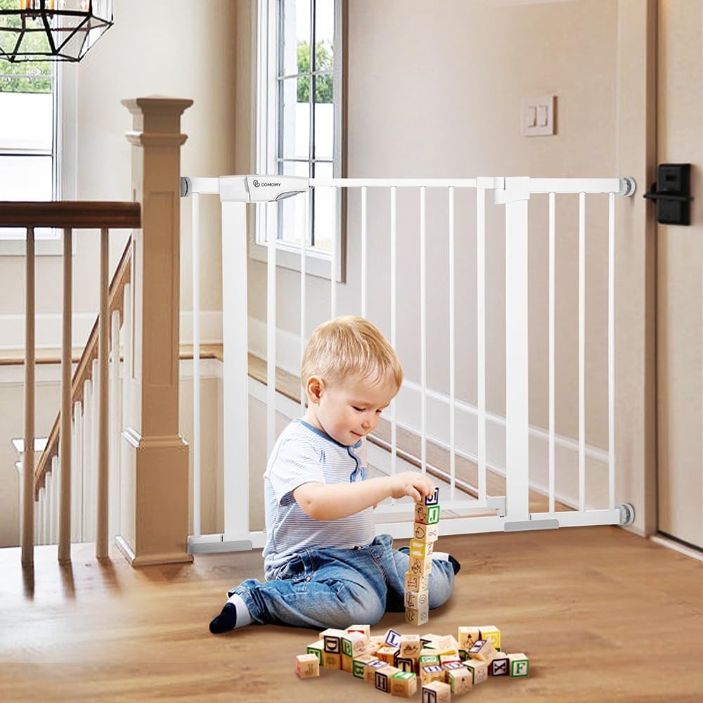 Comomy 30' Tall Baby Gate For Stairs Doorways, Fits Openings 29.5' To 43.3' Wide, Auto Close Extra Wide Dog Gate For House, Pressure Mounted Easy Walk Through Pet Gate With Door, White