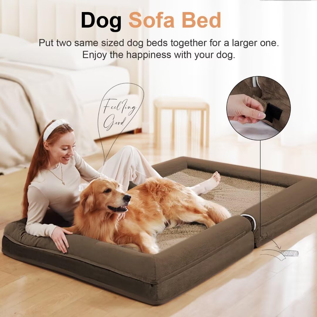 Large Dog Bed Orthopedic Washable: Jumbo Dog Bed Bolster Extra Large Dogs Egg Crate Foam Sofa Couch Waterproof Removable Cover - Brown