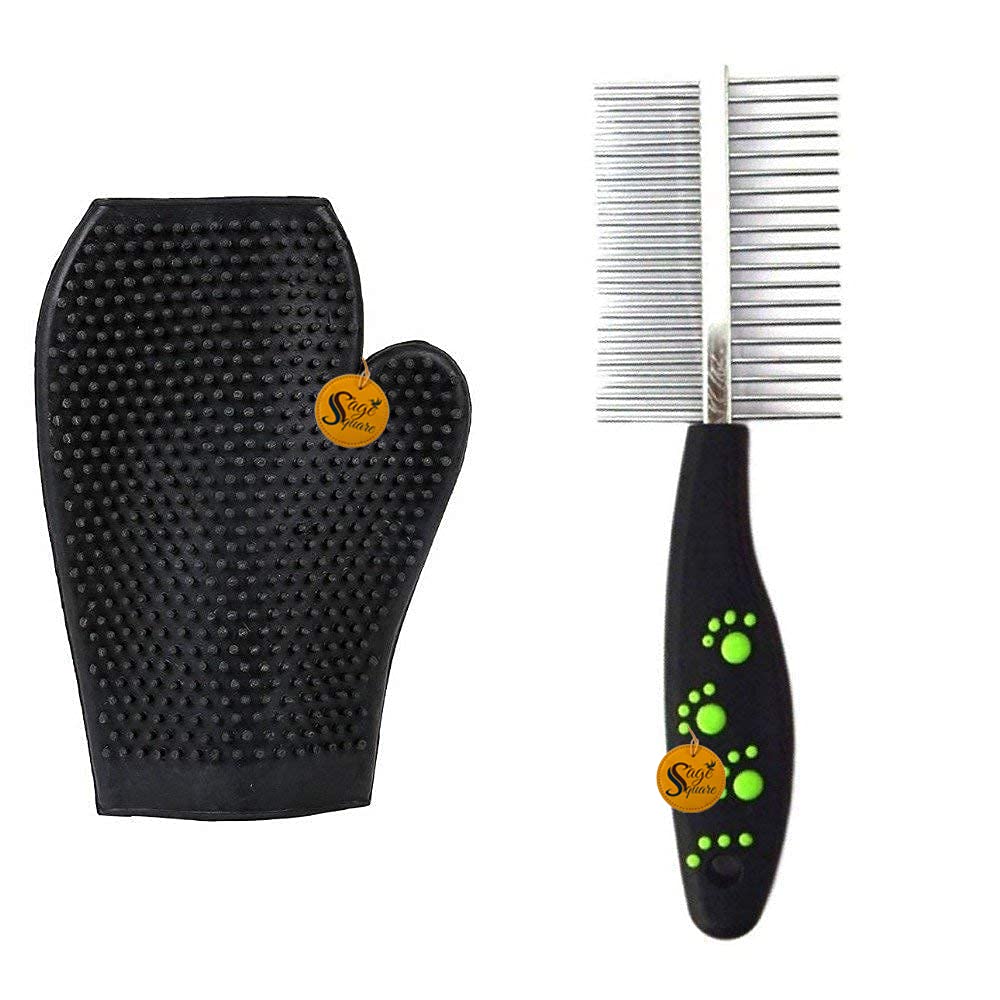 Sage Square Double Sided Pet Comb Stainless Steel Pin Dog Grooming Brush With Grooming Gloves (MultiColored)