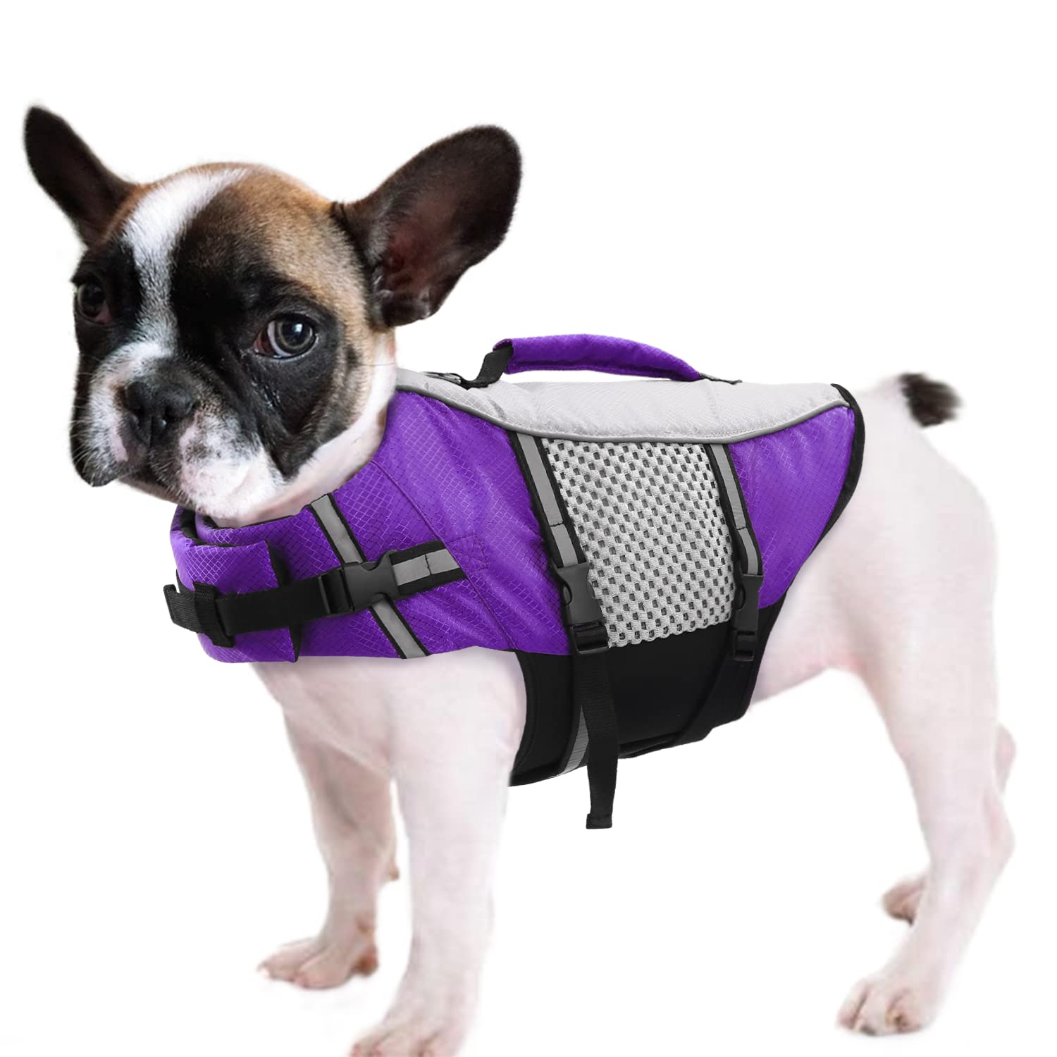 Dog Life Jacket Swimming Vest Lightweight High Reflective Pet Lifesaver With Lift Handle, Leash Ring Purple,S