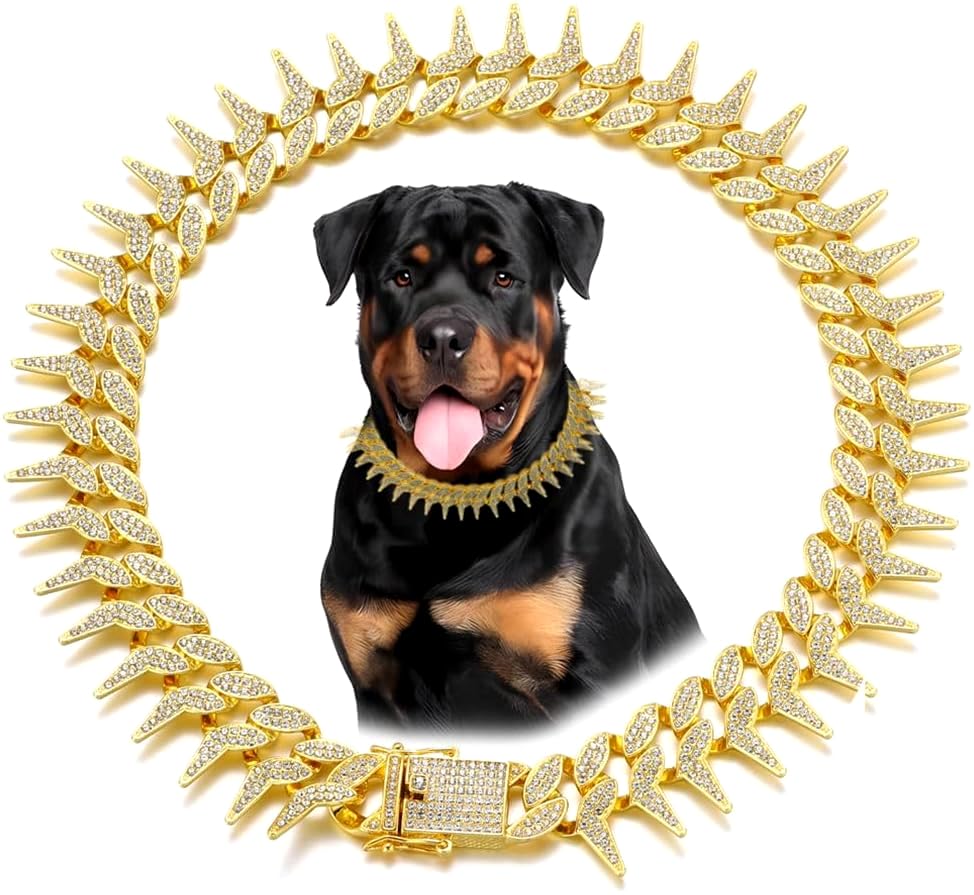 Gold Dog Chain Collar, Cool Spiked Style Necklace Bling Diamond Cuban Link Dog Collars Glitter Rhinestone Puppy Collar For Xxs X
