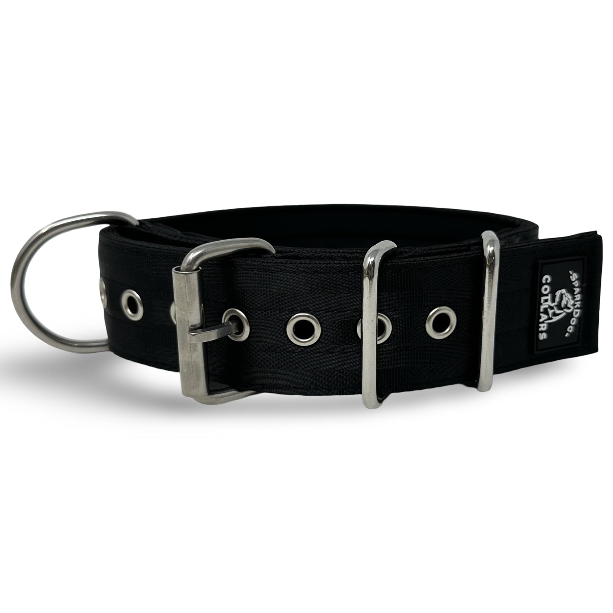 Sparkdog Collars Working Dog Collar - 2'' 4Ply Padded Heavy Duty Stainless Steel Tactical Seatbelt Wide Buckle Collar (Black, La