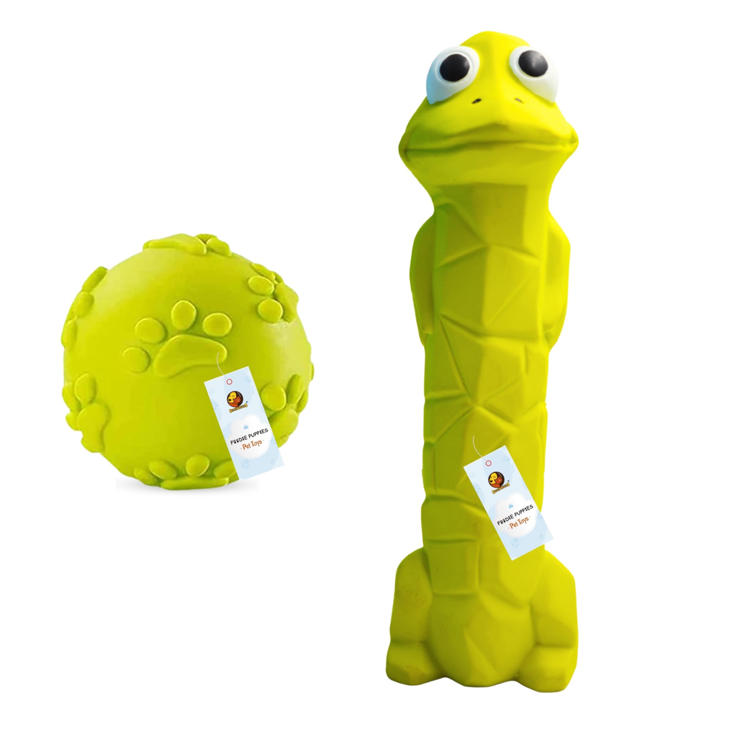 Foodie Puppies Dog Squeaky Chew Latex Toy Combo (Claw Ball + Green Frog) | NonToxic Interactive Durable Teething Play Toy | Sof