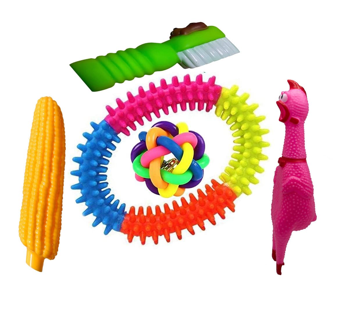 W9 Pet Products Combo Of 5 Natural Latex Squeaky Ringing Rubber Toy For Small Breed Puppy Rainbow Ball,Ring,Pink Chicken,Tooth 