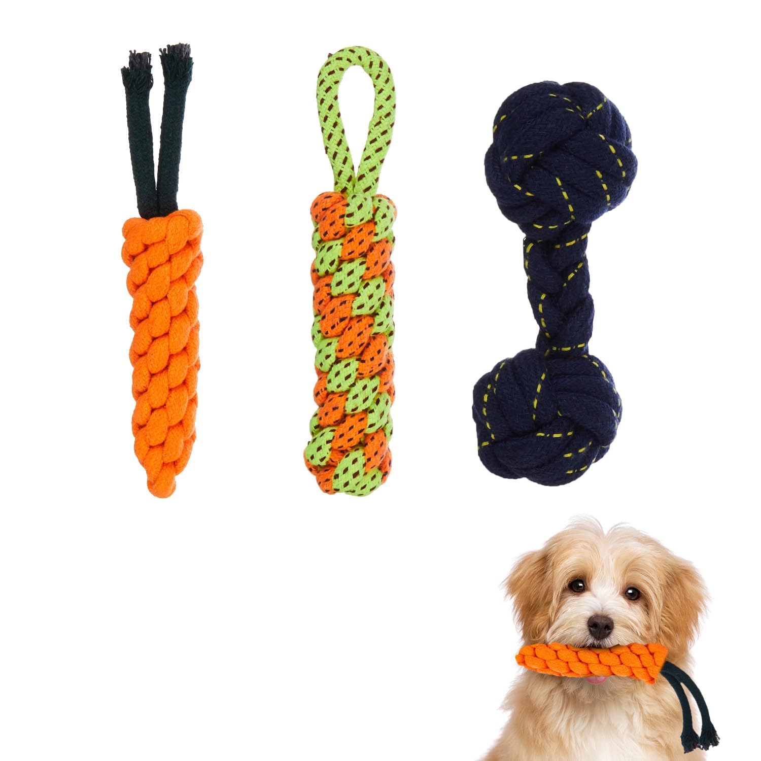 Kittupet Durable Combo Pack Of Carrot Rope Toy, Dumbbell Rope Toy And Long Knotted Rope Toy For Chewing And Playing Dogs & Puppi