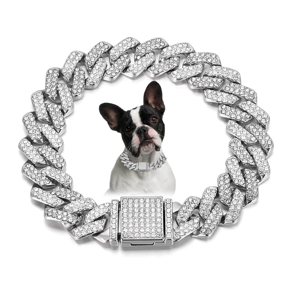 Silver Chain Cat Collar, Bling Diamond Cuban Link Puppy Collars Glitter Chain Rhinestone Dog Necklace For Small Medium Large Pet
