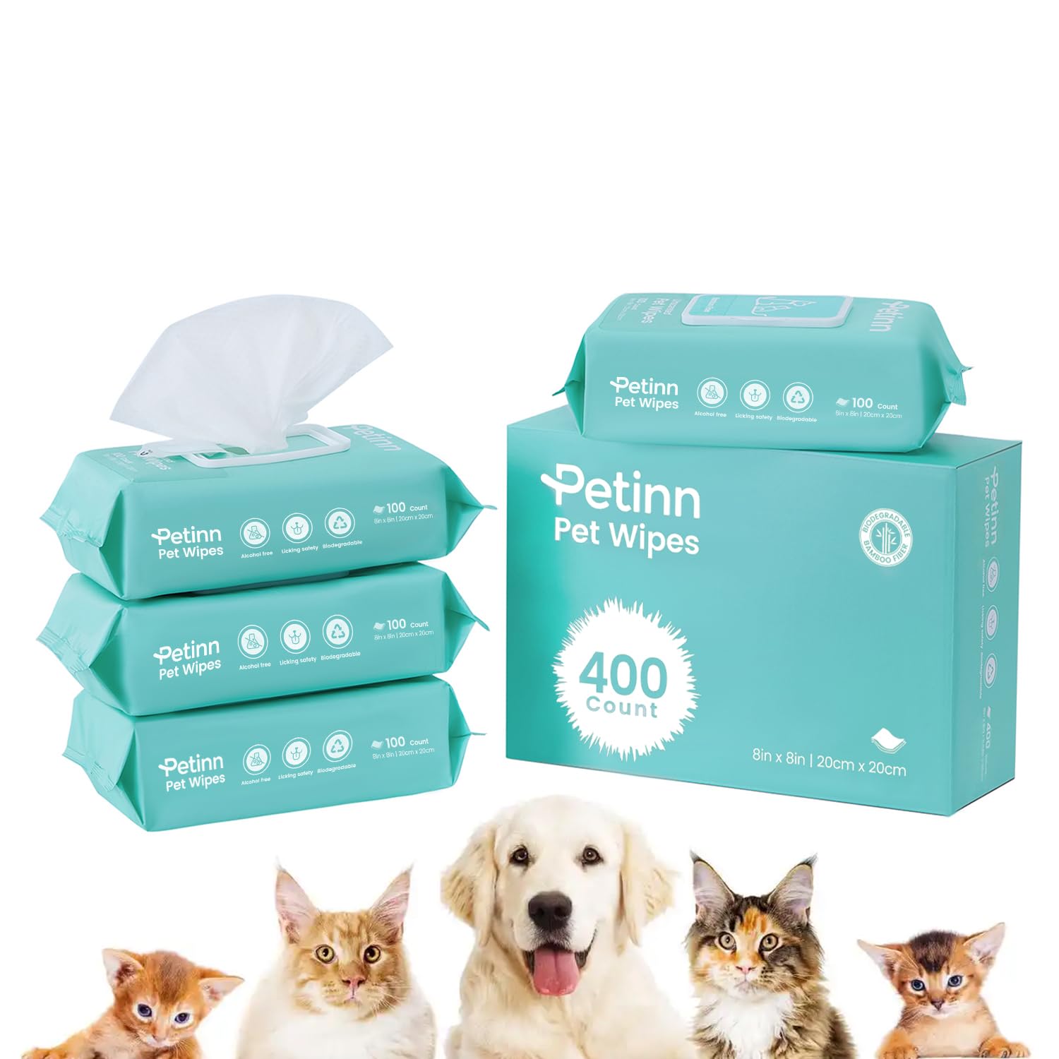Pet Wipes For Dogs And Cats, Paws Butt Fur Cleaning Deodorizing, 400 Count Unscented Pet Grooming Wipes With 8''X8'' Biodegradab