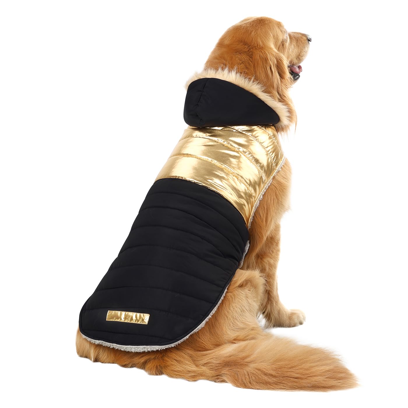 Hde Dog Puffer Jacket Fleece Lined Warm Dog Parka Winter Coat With Harness Hole 90S Black And Gold Metallic - Xxl