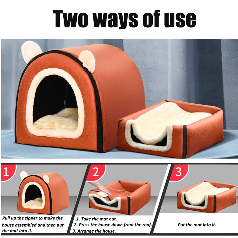 Cat Bed Or Dog Bed,2 Ways To Use,Indoor Pet House With Fluffy Mat,Removable And Washable Cover,Splash-Proof House And Non-Slip B