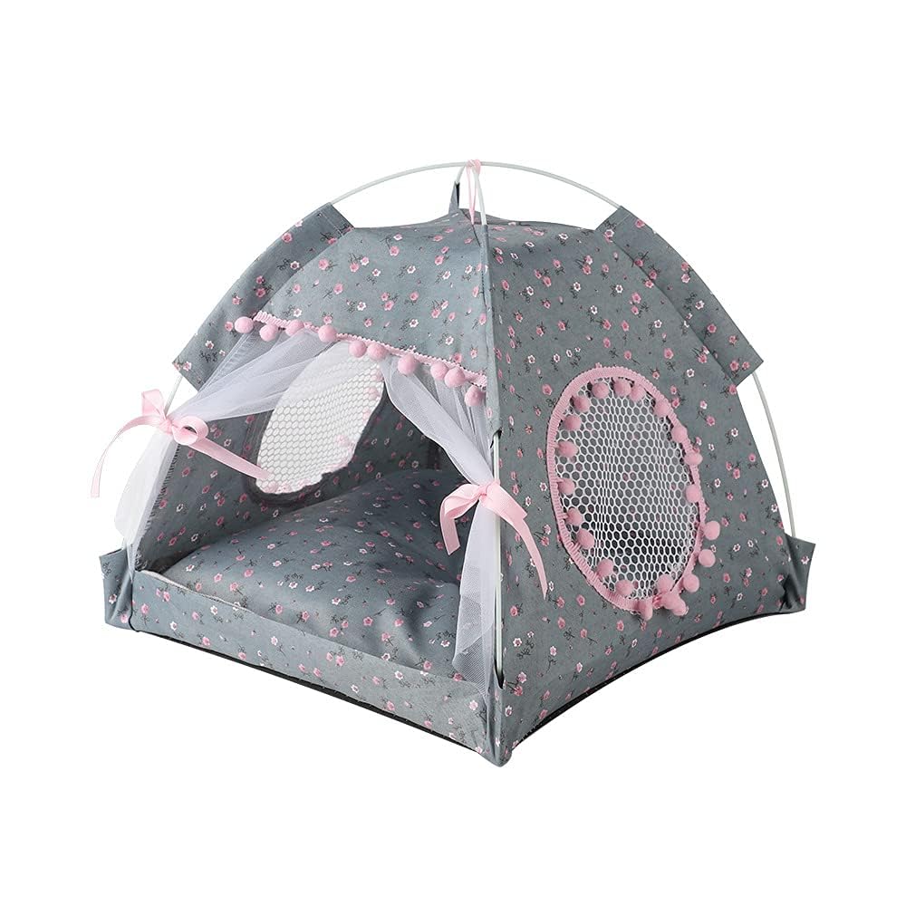 Cat Bed Tents Dog House Indoor Outdoor Lace Mesh Breathable Windows Door Curtains Removable Portable Nest Teepe House (Small,Gra