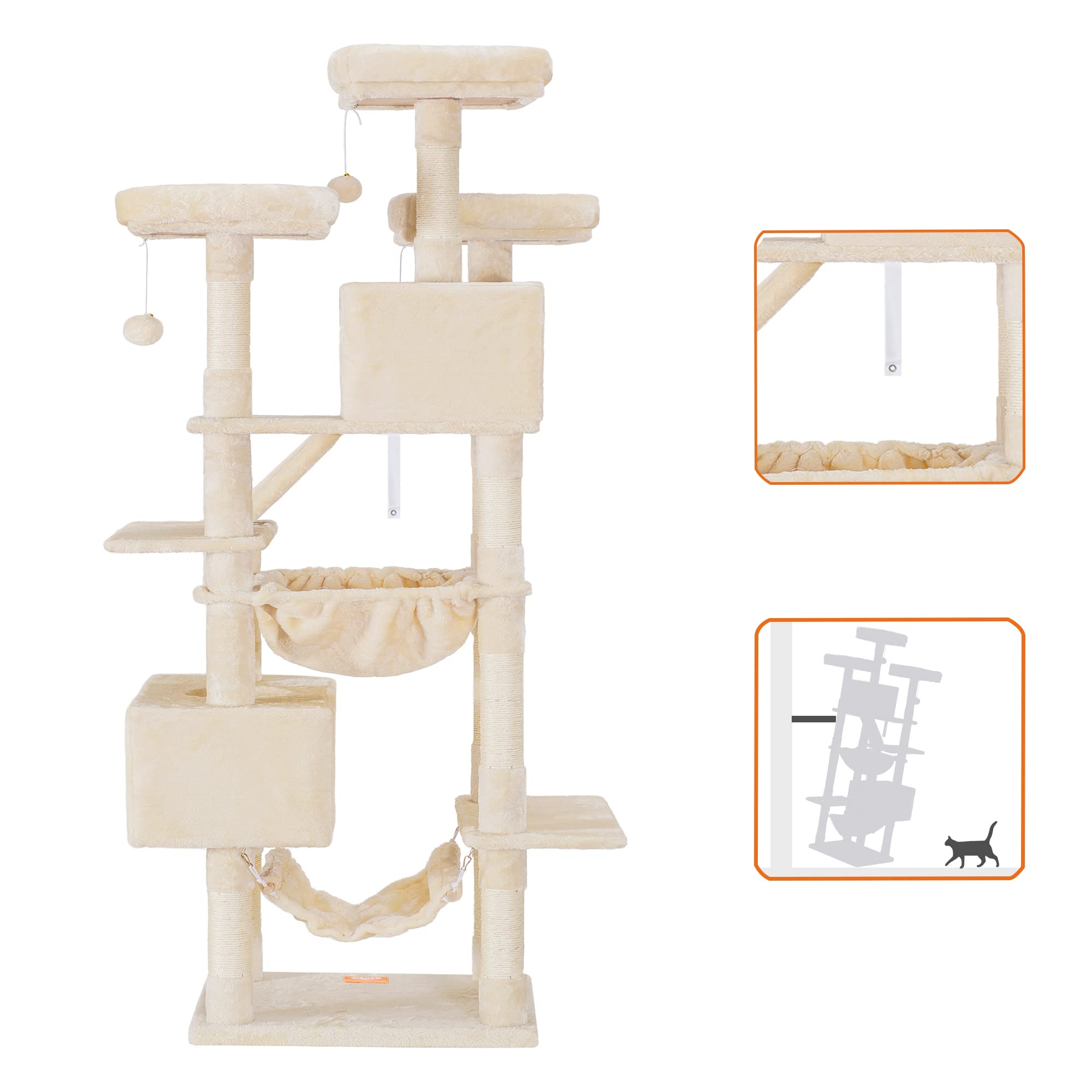 Heybly Cat Tree, 73 Inches Tall Cat Tower For Large Cats 20 Lbs Heavy Duty For Indoor Cats,Big Cat Furniture Condo For With Padded Plush Perch, Cozy Basket And Scratching Posts Beige Hct030M