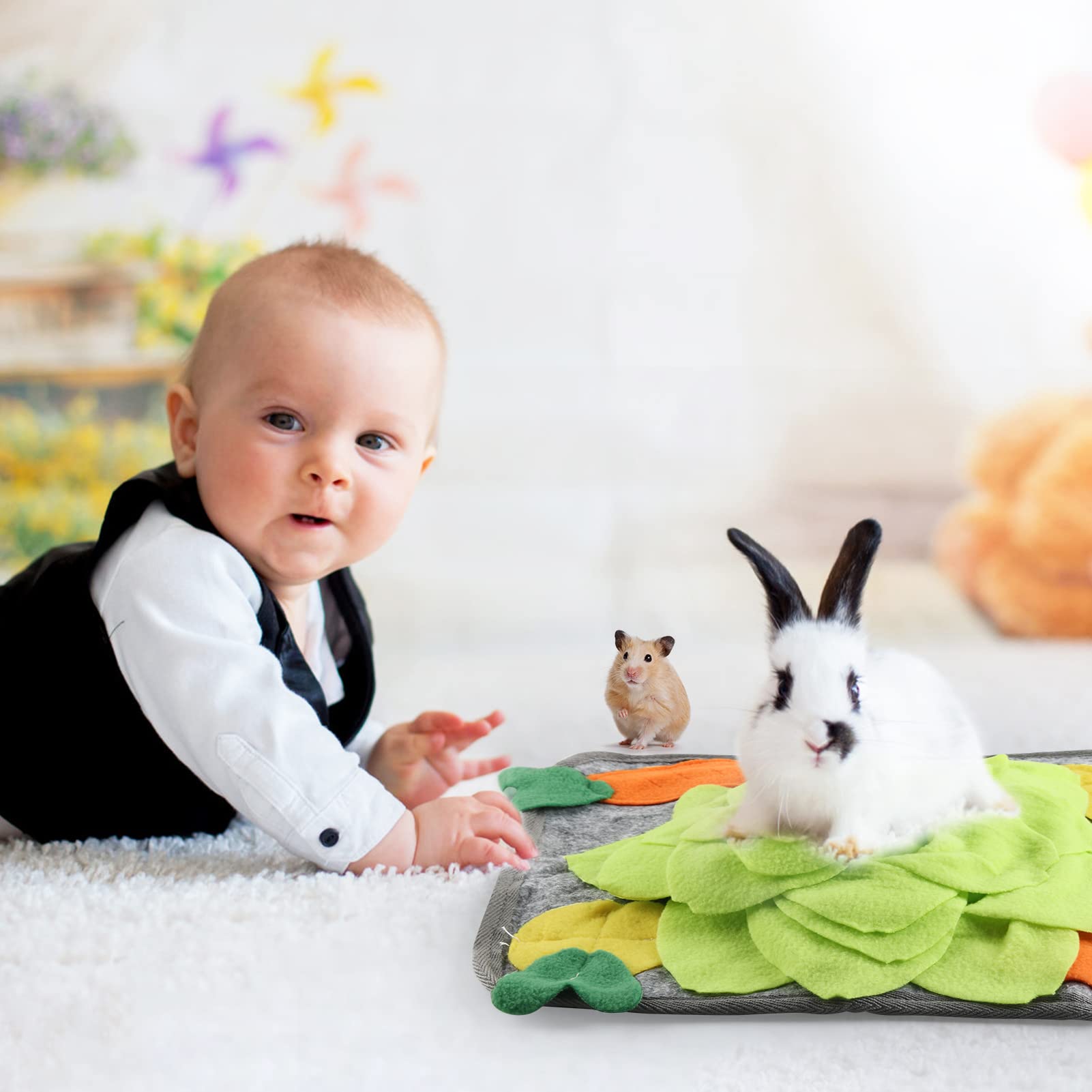 Loperdeve Rabbit Foraging Mat, Rabbit Toy 11.8''X11.8'' Rabbits Snuffle Mat Machine Washable Polar Fleece Funny Interactive Nose
