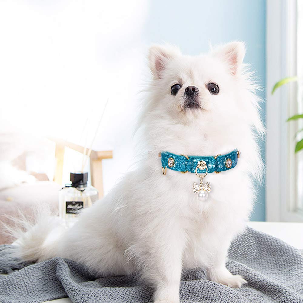 Petshome Cat Collar, Dog Collar, [Bling Rhinestones] Pu Leather Adjustable Pet Collar With Luxury Pendant For Cat And Small Dog Extra Small Blue