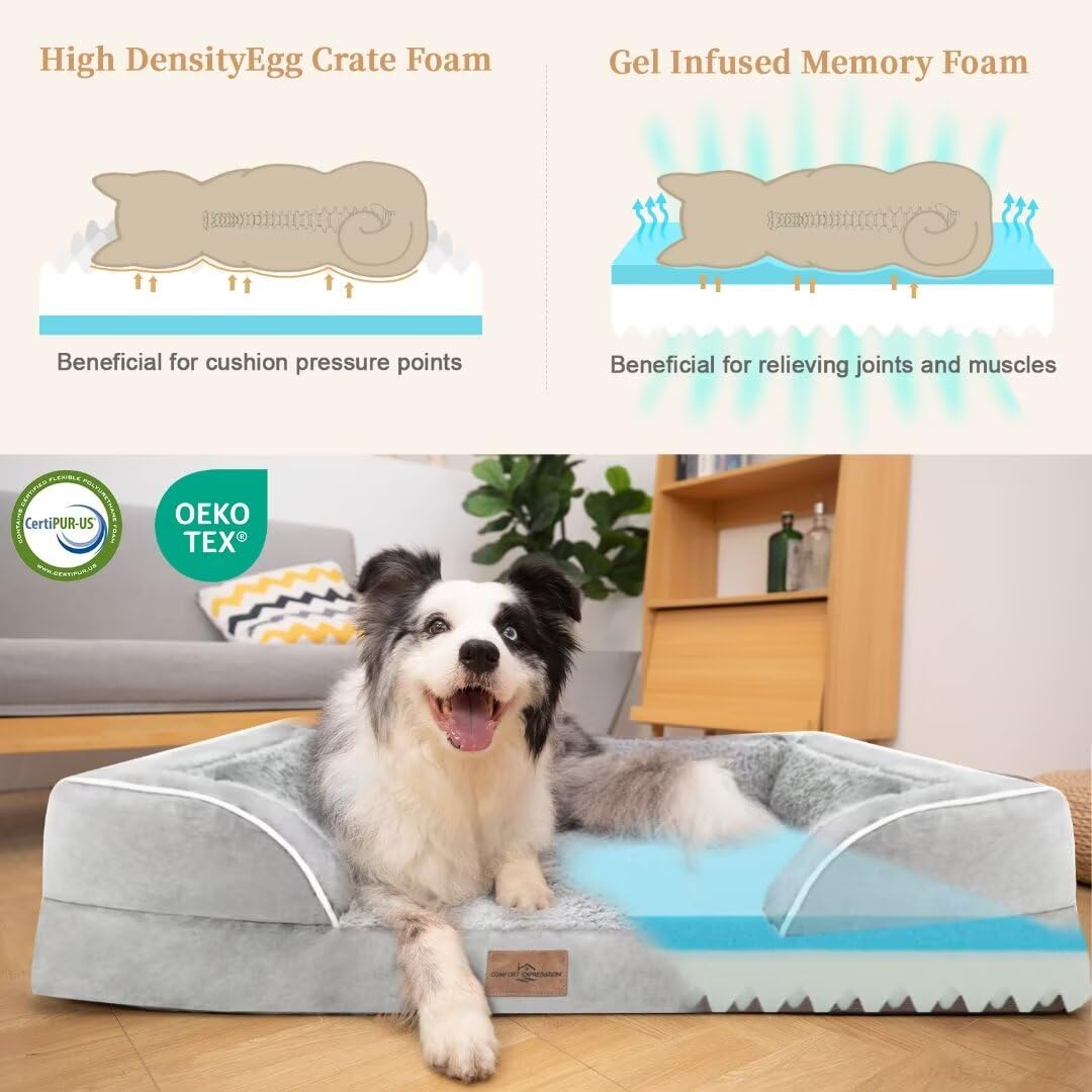 Comfort Expression Cooling Dog Bed, Orthopedic Memory Foam Dog Bed, Jumbo Dog Bed For Extra Large Dogs, Jumbo Breed Dog Bed, Waterproof Dog Bed With Bolster & Removable Cover(Jumbo,Light Grey)