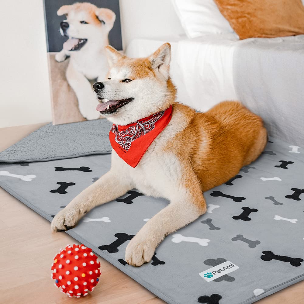 Petami Waterproof Dog Blanket For Small Medium Dogs, Pee Proof Pet Blanket Sherpa Fleece Couch Cover, Reversible Cat Throw Bed Sofa Protector, Soft Plush Washable Pad (Medium 29X40, Bone Print Gray)
