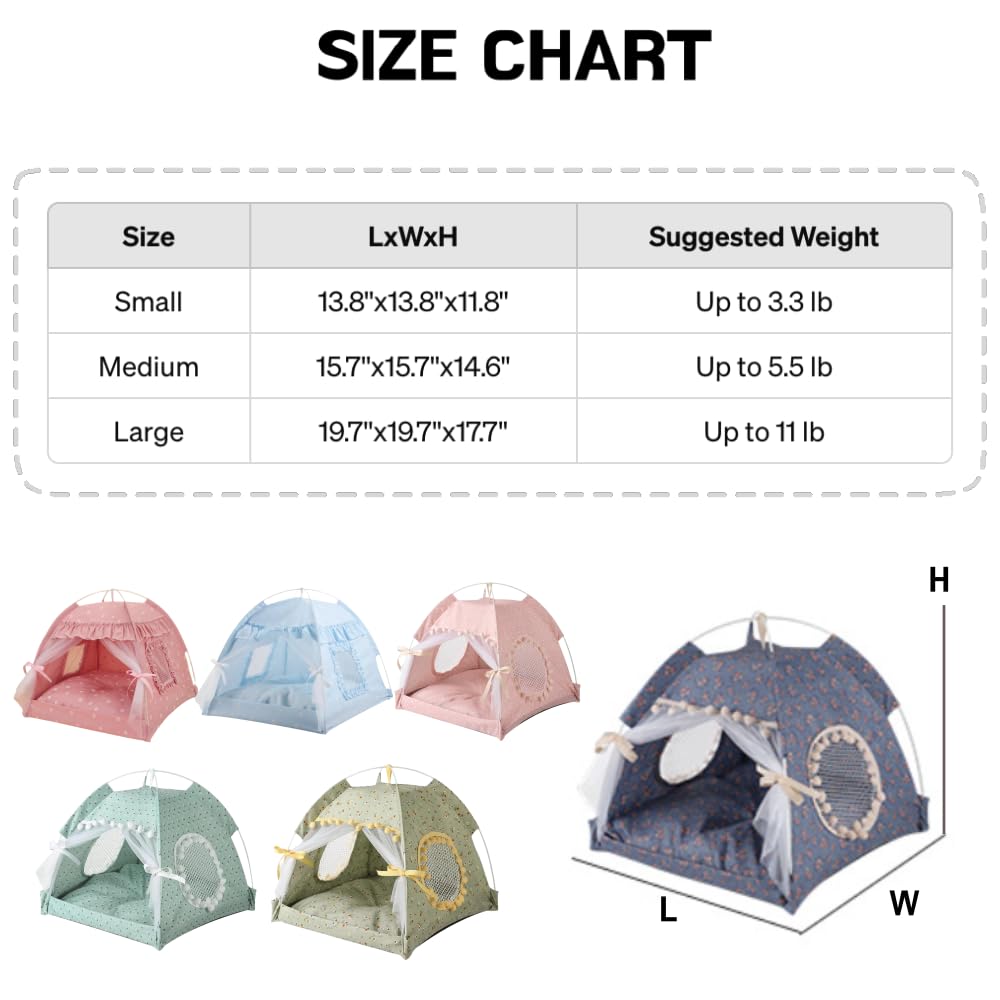 Cat Bed Tents Dog House Indoor Outdoor Lace Mesh Breathable Windows Door Curtains Removable Portable Nest Teepe House (Medium,Bl