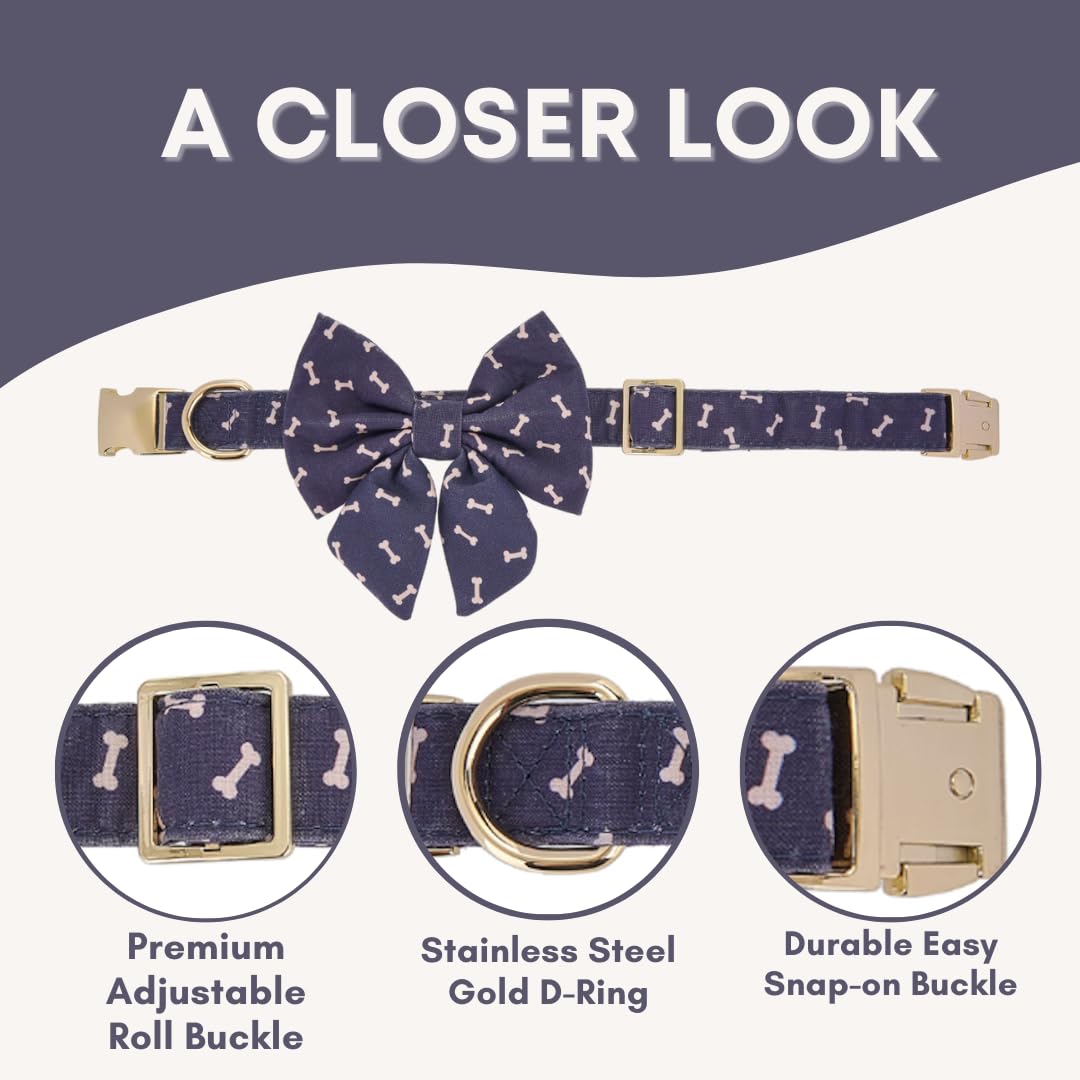 Wagging Tail Adjustable Lady Bow Tie And Collar For Small To Large Dogs, Puppy Collar With Bowtie - Comfort Soft Cotton (Navy Do