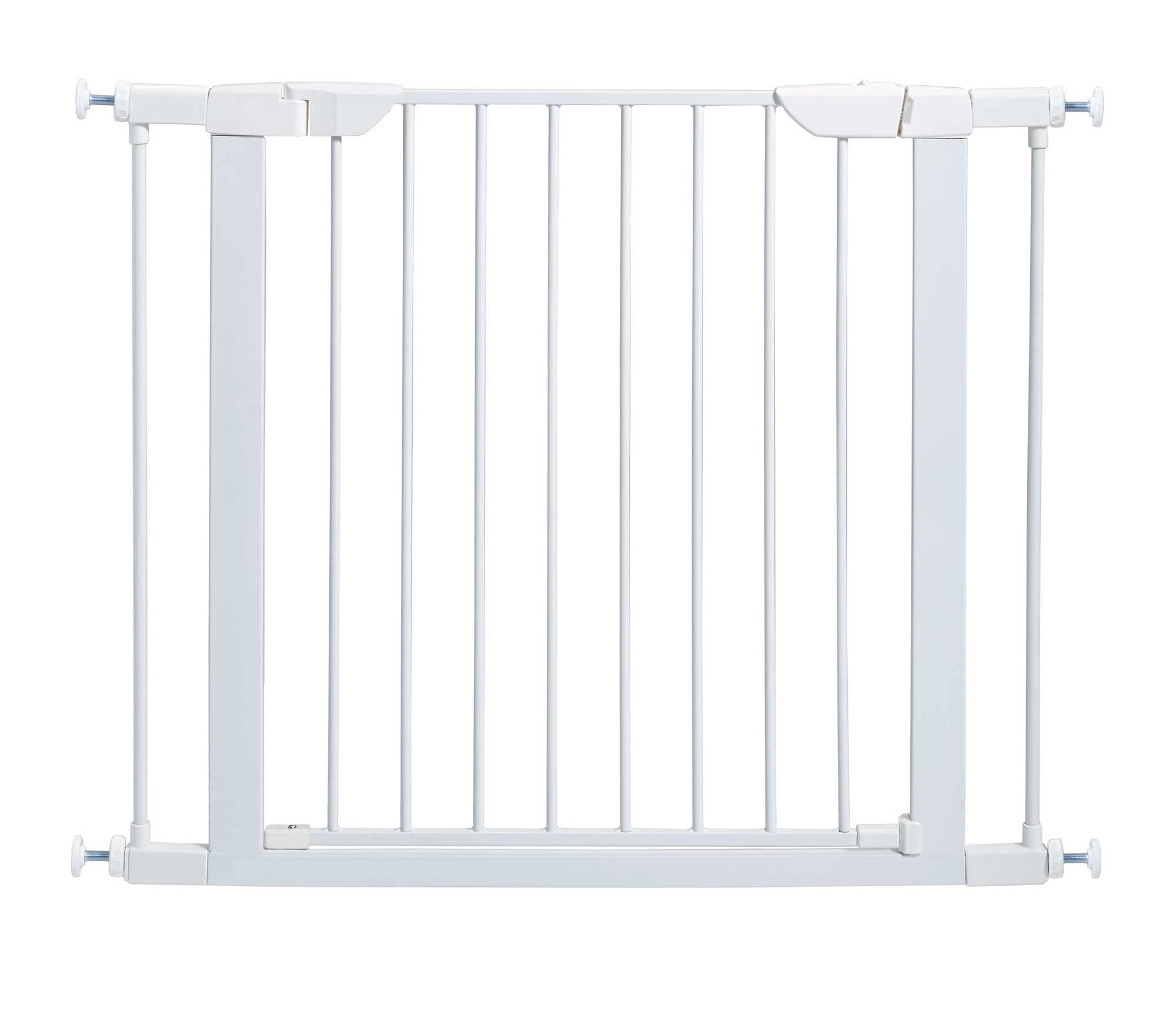 Midwest Homes For Pets 29 Inches Tall Walk-Though White Steel Pet Gate, Pressure Mounted Dog Gate Measures 29H X 29.5-38W Inches & Includes Two 3-Inch-Wide Extensions, White