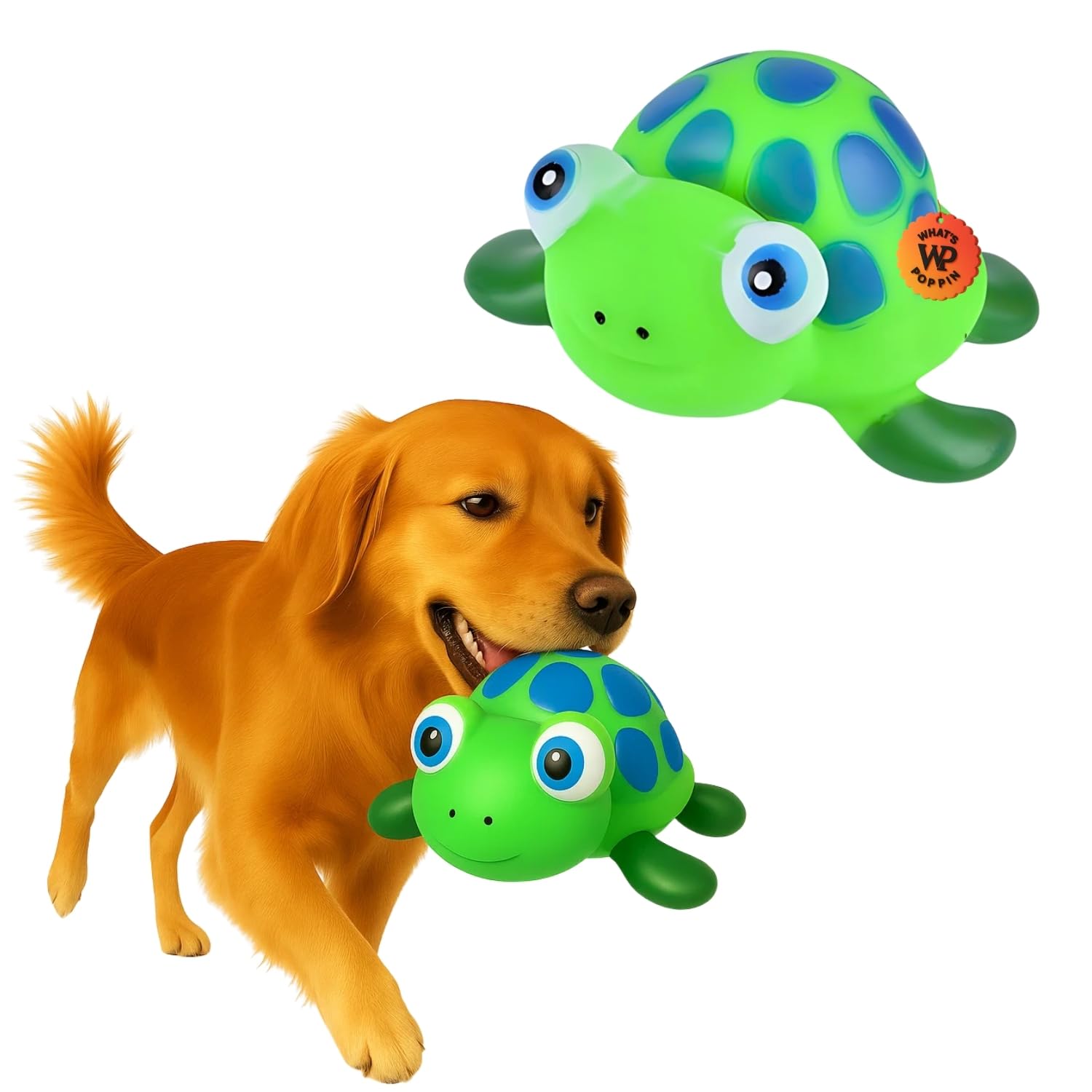 WhatS Poppin Turtle Squeaky Dog Toy | Cute Green Turtle With Blue Spots | Soft Chew Toy For Dogs & Puppies | BuiltIn Squeaker 
