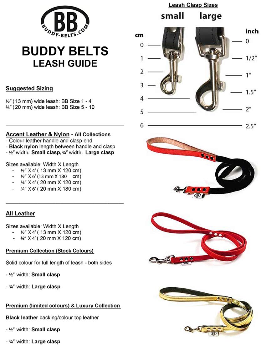 BUDDY BELT Premium All Pebble Grain Leather Leash, 1/2" x 4', Red