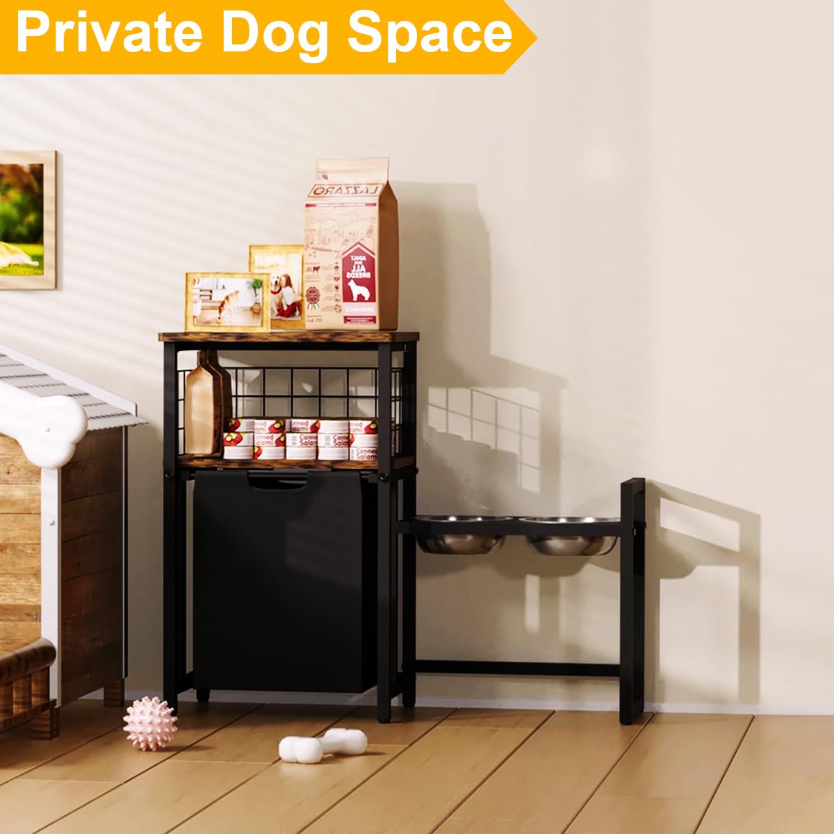 Sungaryard Elevated Dog Bowls Toy Basket Pet Feeding Station, Adjustable Dog Raised Bowl Stand with Pet Storage Organizer for La