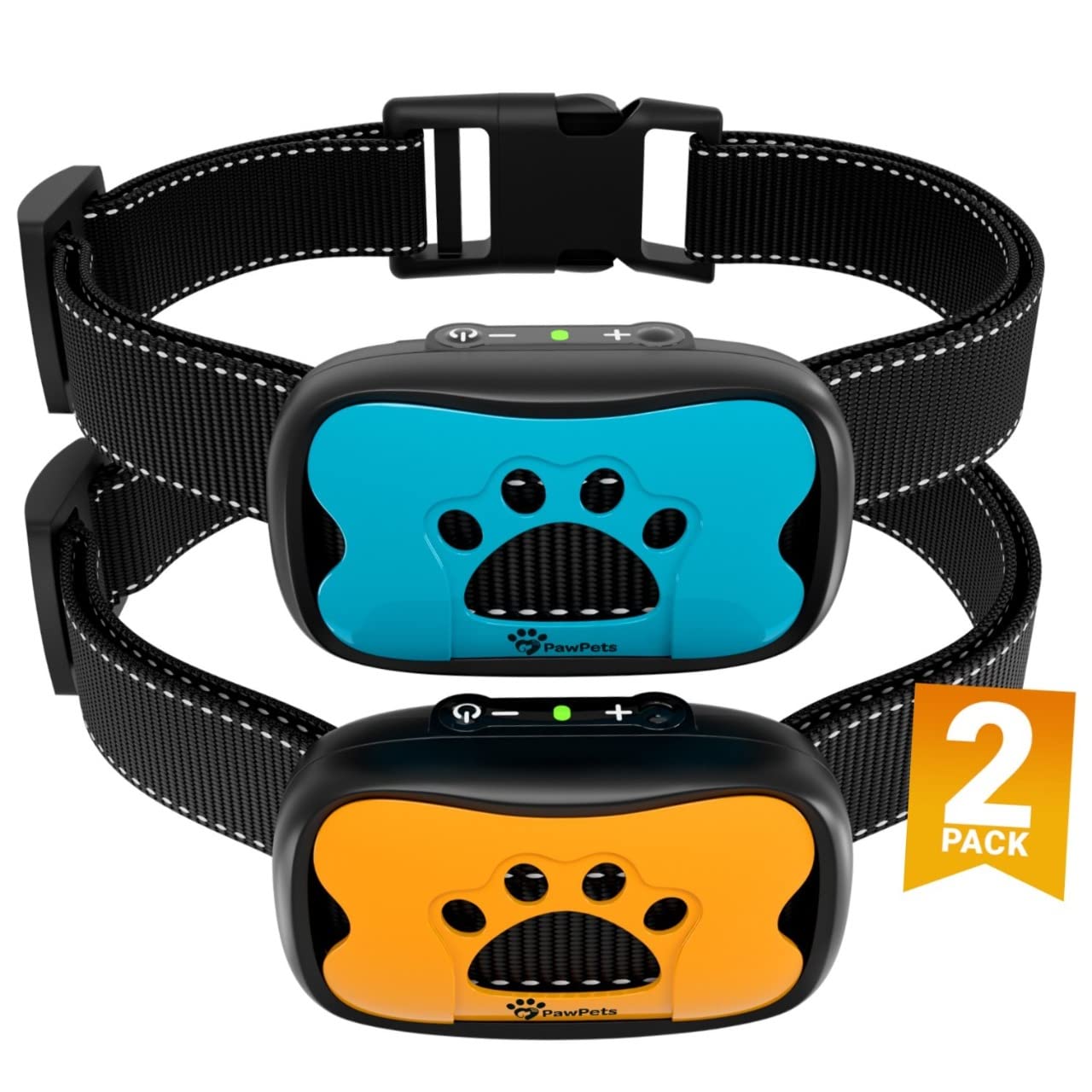 Pawpets Anti Bark Collar - No Shock Training Dog Collar - Humane With Vibration And Sound Barking Collar For Small Medium Large Dogs 5-100Lbs - 2 Pack Blue Orange (Battery)