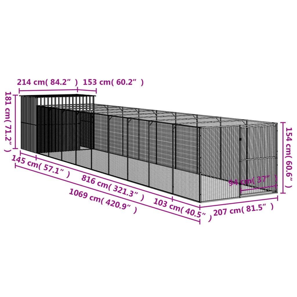 vidaXL Dog House with Run Light Gray 84.3x420.9x71.3 Galvanized Steel