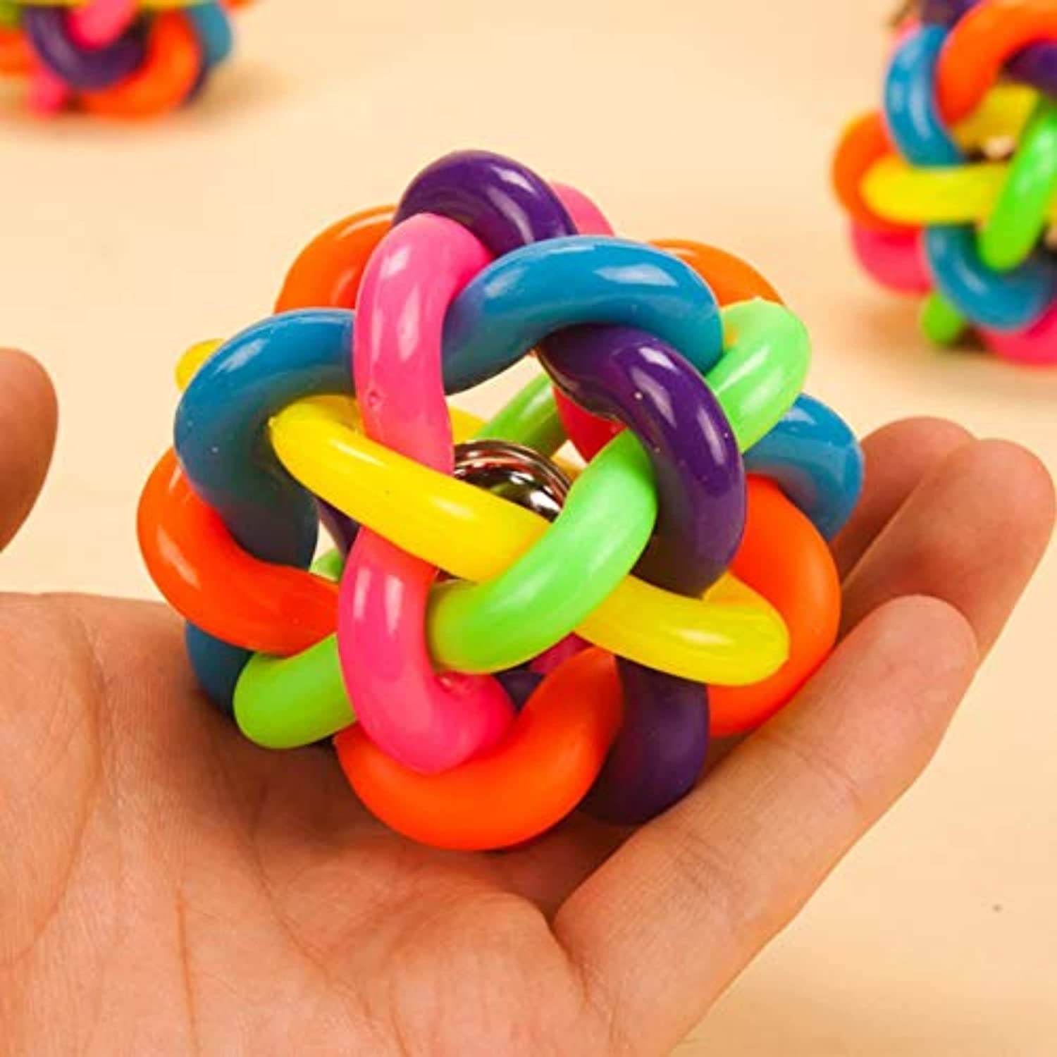 Dog Trust Colorful Rubber Round Ball With Small Bell  Pack Of 1 Woven Ball Dog Favorite Raindow Woven Ball Pet Toys Size: 5.5Cm