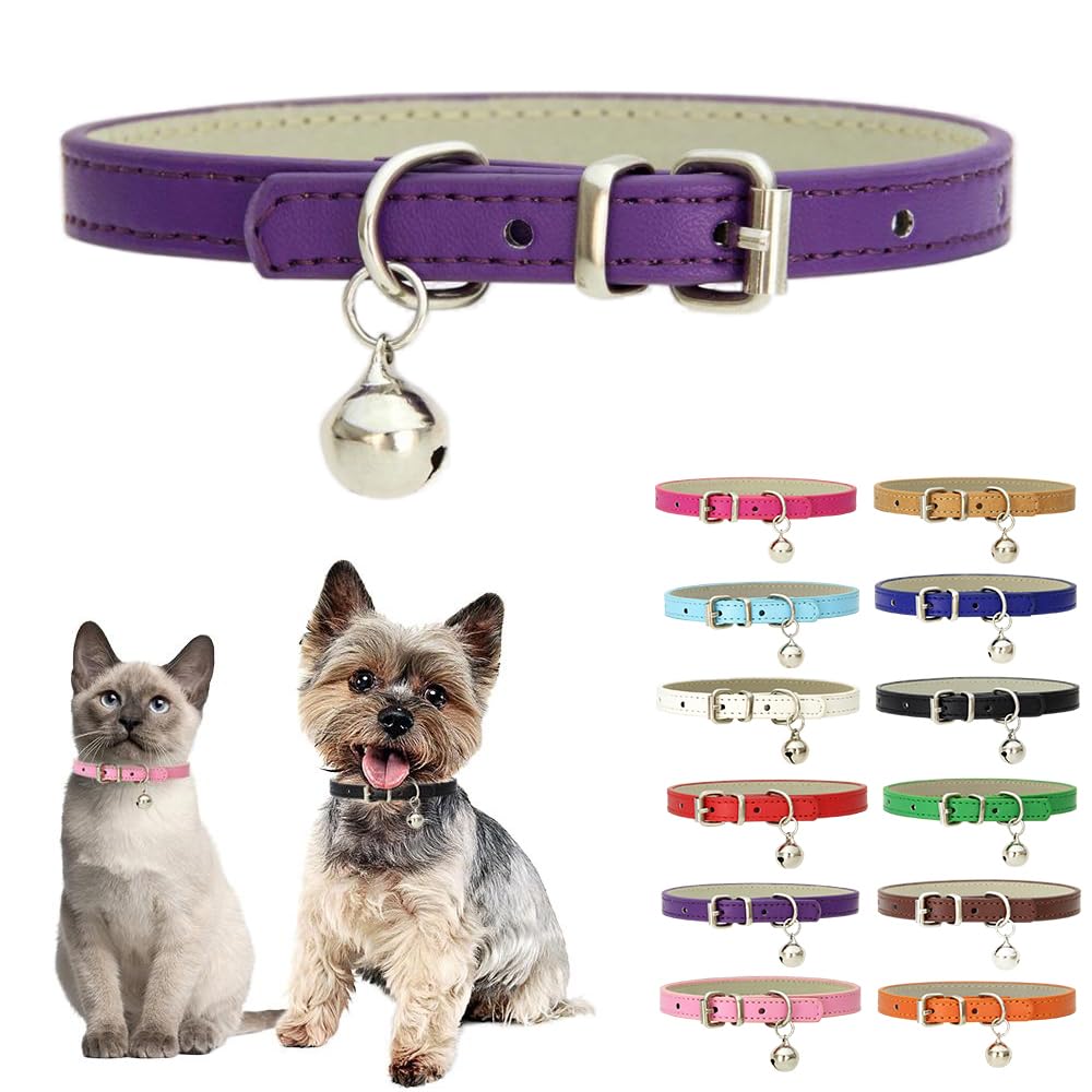 Purple Small Dog Collar With Bell,Soft Pu Leather Female Puppy Collar With Bells Basic Girls Cat Collar With Bells For Xxs Xsmal