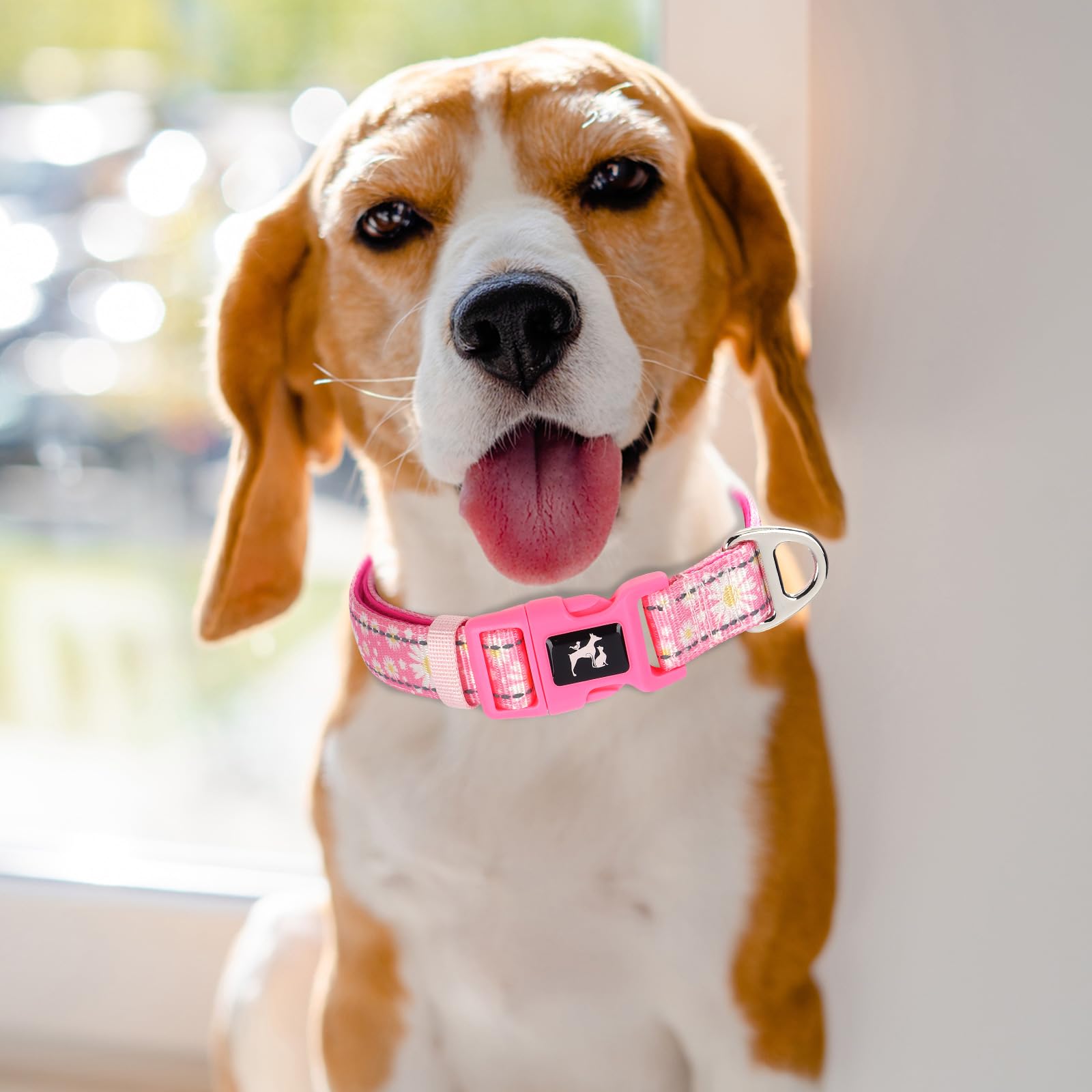 Maowuwujoz Reflective Dog Collar For Large Dogs - Soft Neoprene Padded, Adjustable Nylon Durable With Stylish Pink Daisy Design