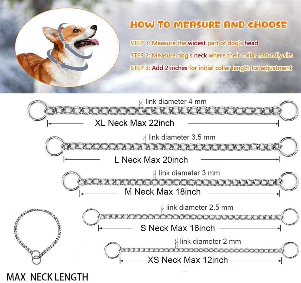 Silver Dog Choke Collars,Metal Slip Link Puppy Dog Chain Martingale Collar Heavy Duty Training Choker Collar Boy Girl For Xs Sma