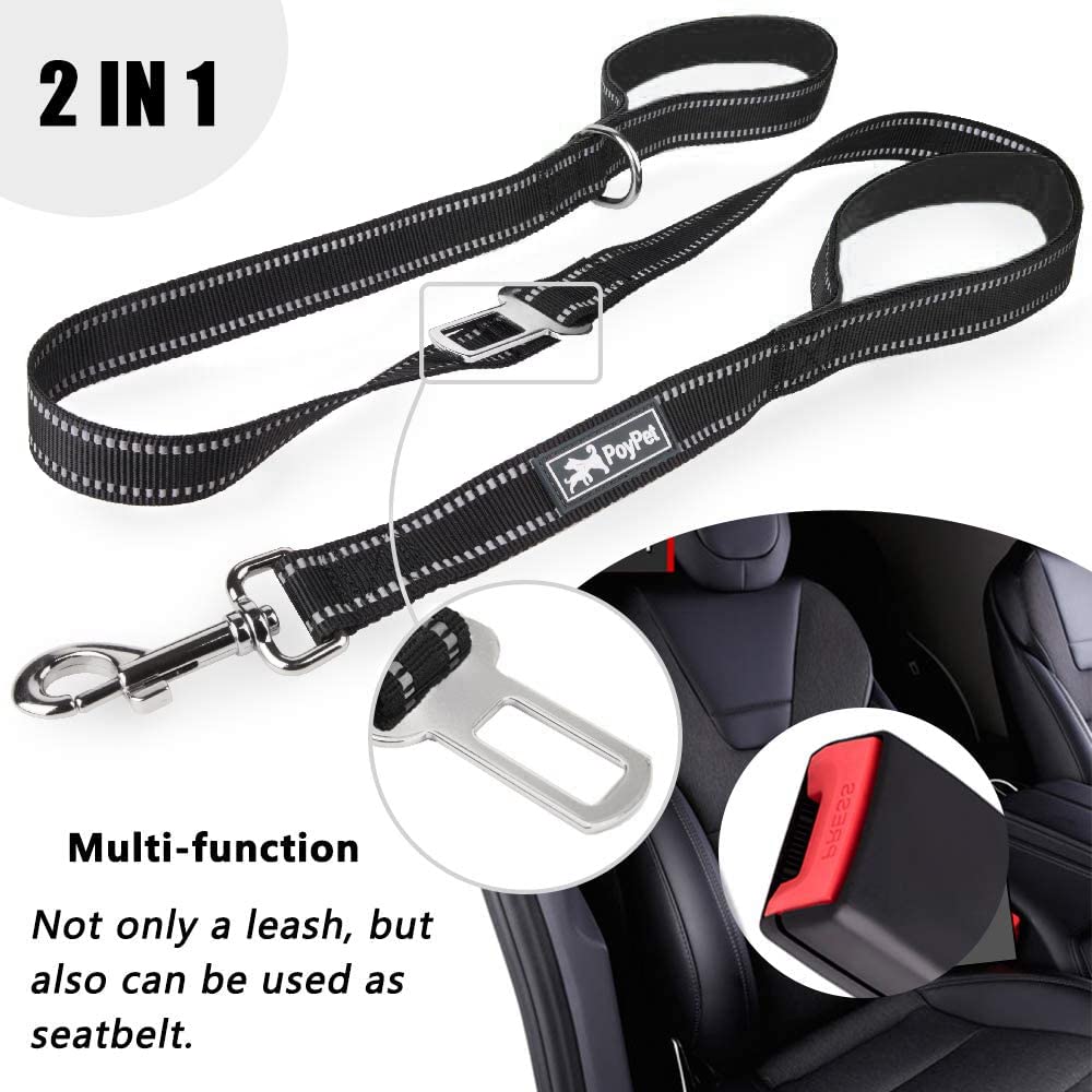 Poypet 5 Feet Dog Leash - 3M Reflective - 2 Cushioned Handles - Functional Car Seat Belt(Black)