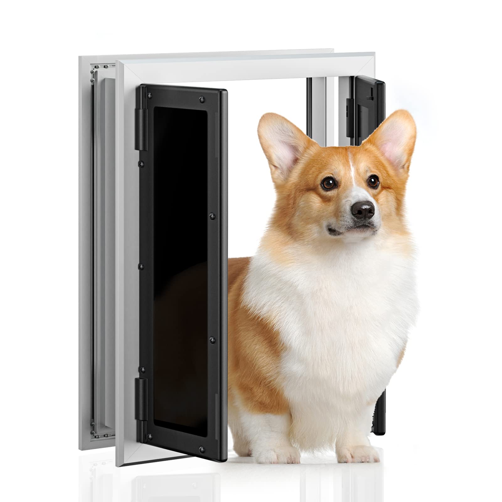 Premium Dog Door, Petouch Aluminum Pet Door With Double Panels, Doggie Door With Automatic Closing Magnetic Flaps, Slide-In Pane