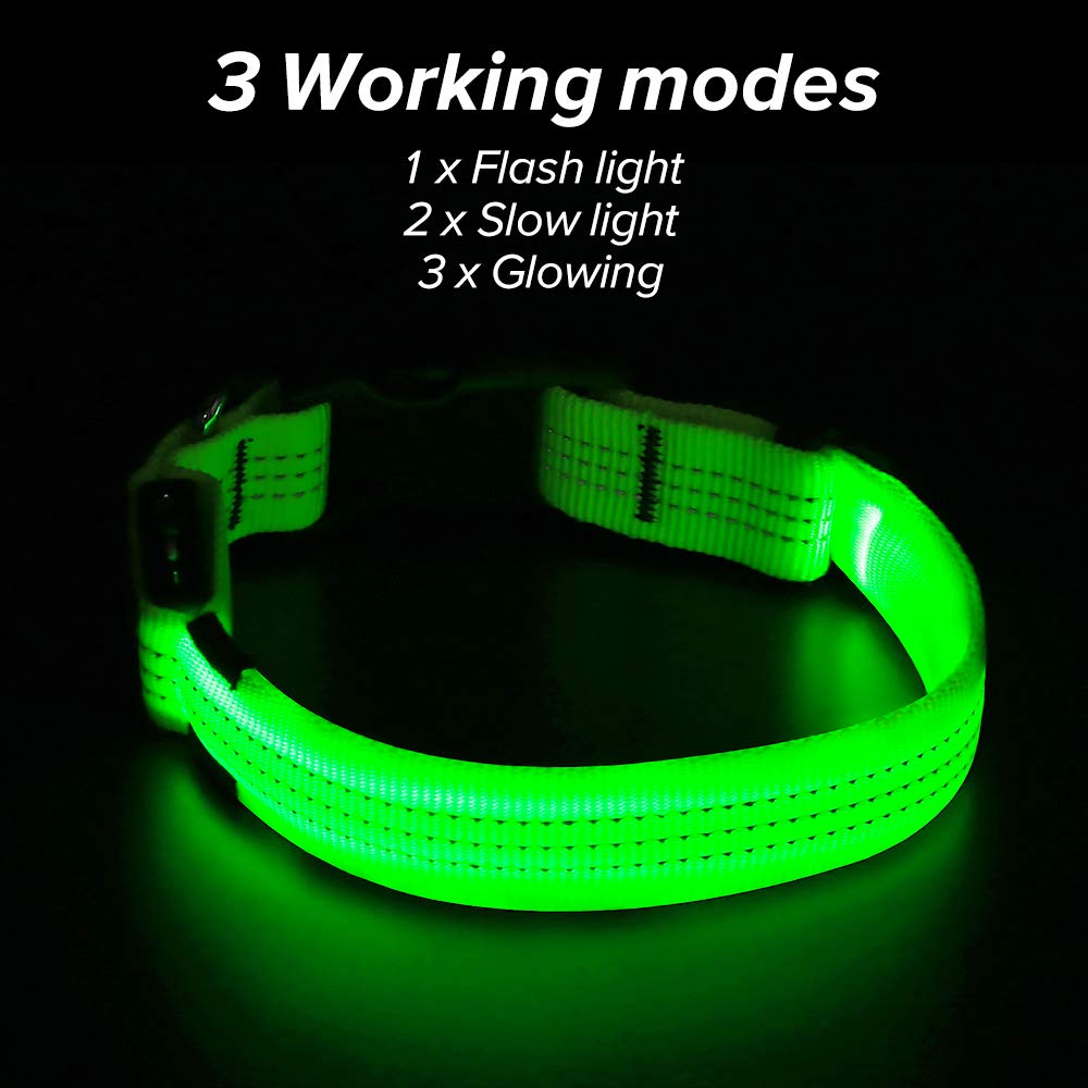 Illumifun Light Up Dog Collar, Usb Rechargeable Led Dog Collars Glow In The Dark, Reflective Glowing Safety Collar Light For Your Large Dogs Walk At Night (Greenⅲ, Large)